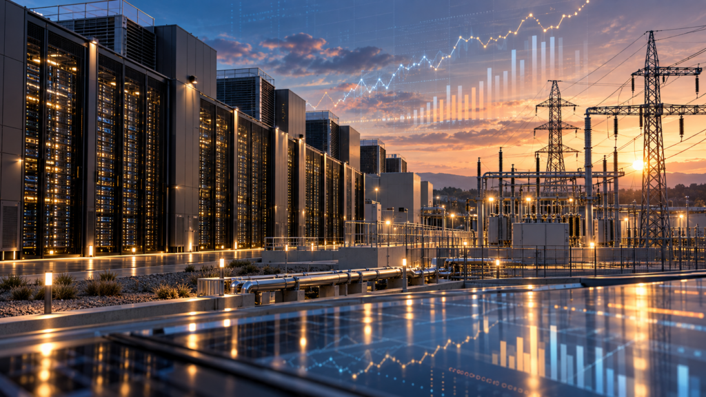 Modern data center and power-grid infrastructure at sunset with analytical charts reflecting investment growth and debt financing for AI infrastructure
