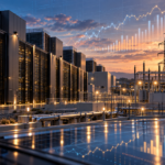 Modern data center and power-grid infrastructure at sunset with analytical charts reflecting investment growth and debt financing for AI infrastructure
