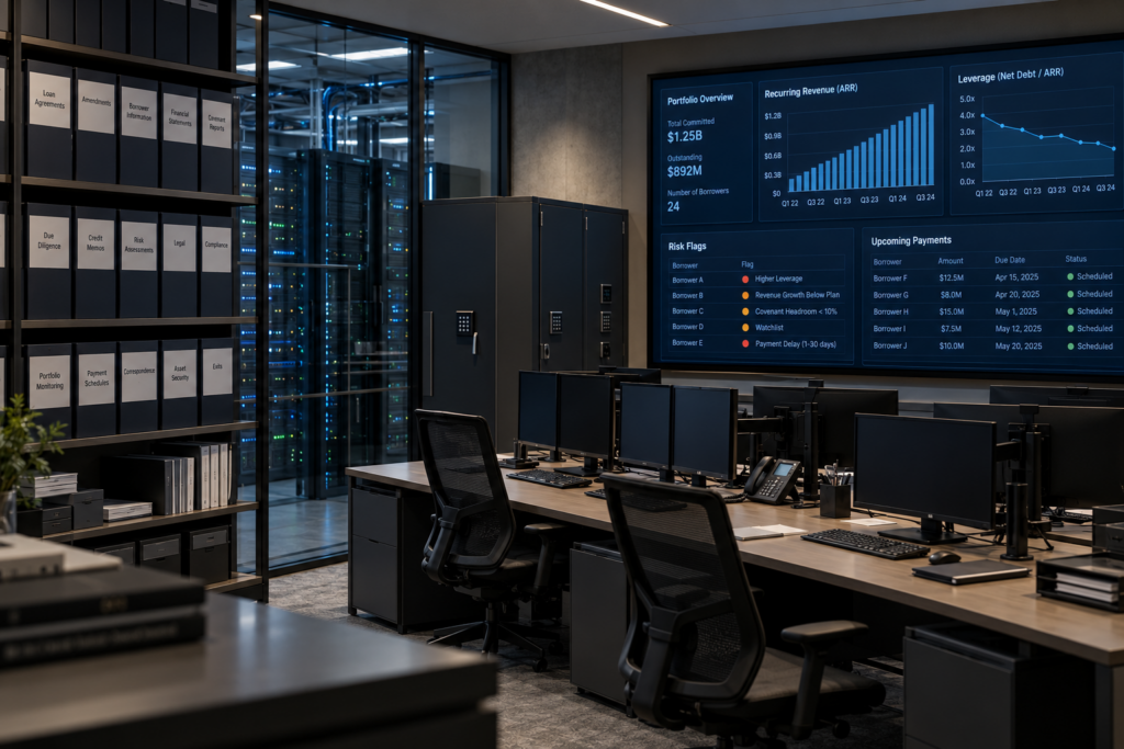 Private credit fund operations room with portfolio monitoring for technology borrowers and server infrastructure visible behind glass.