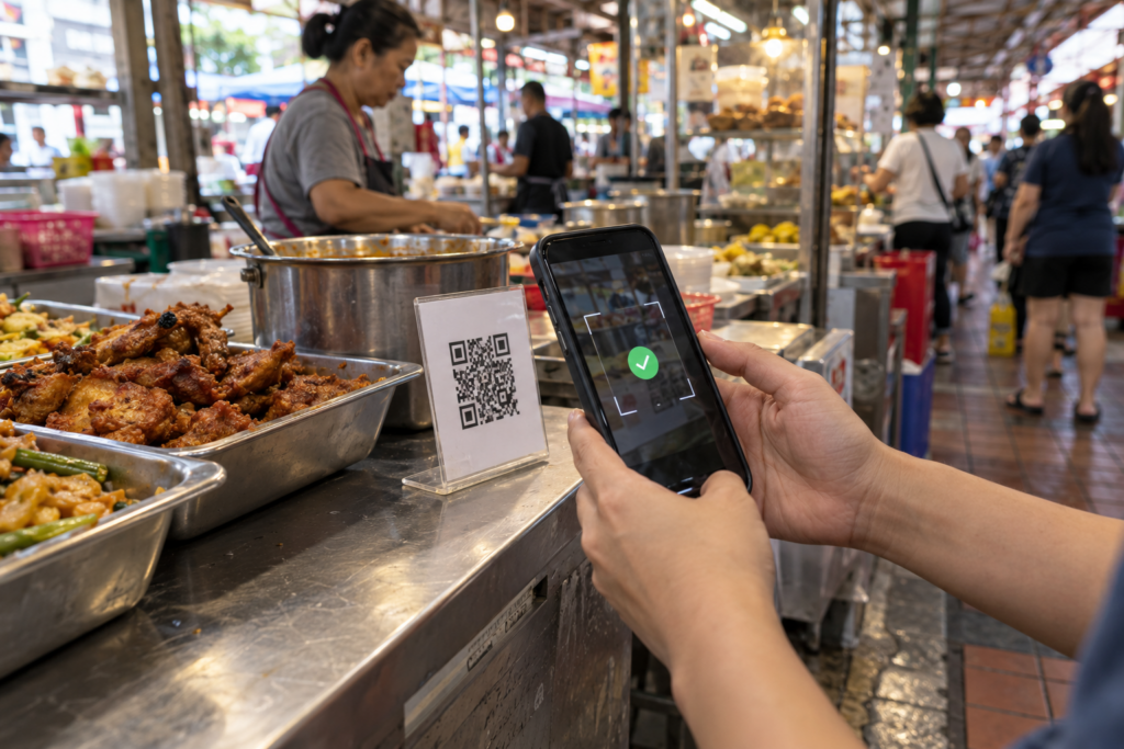 A QR payment at a small Southeast Asian merchant counter