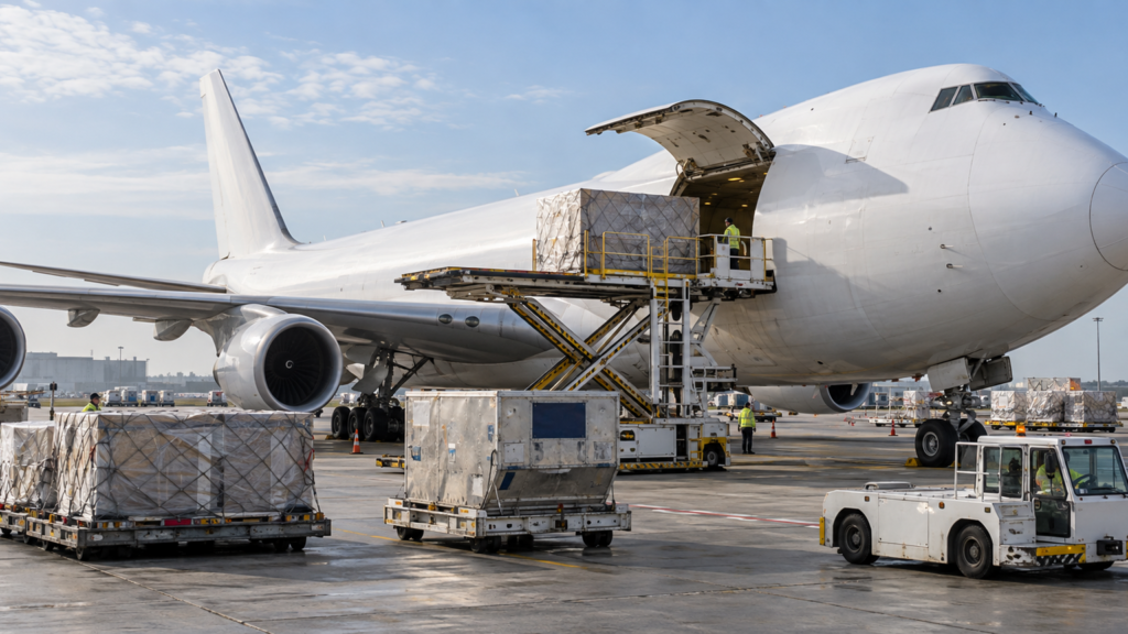 Cargo containers being loaded into a wide-body aircraft at an international airport