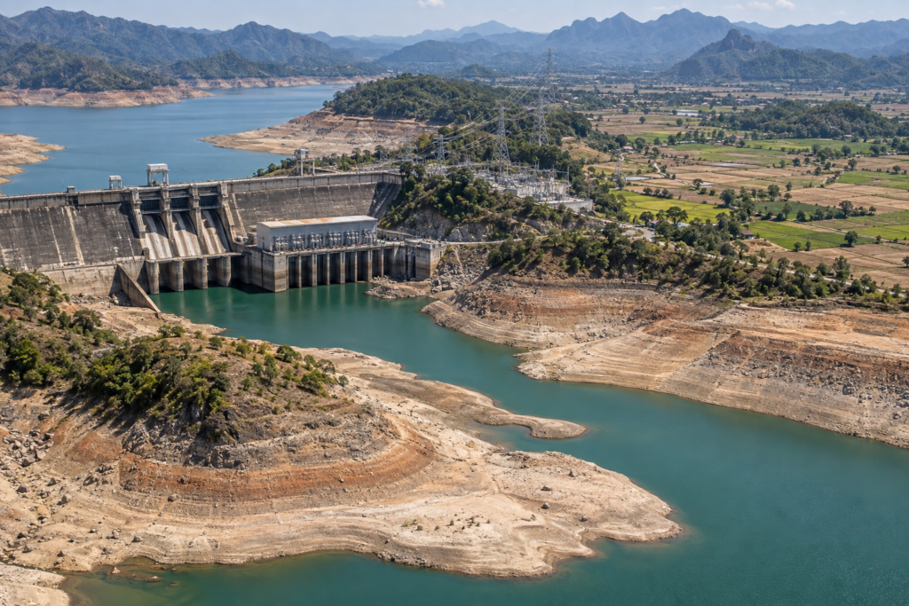 A hydroelectric dam beside a depleted reservoir during Asia's dry season