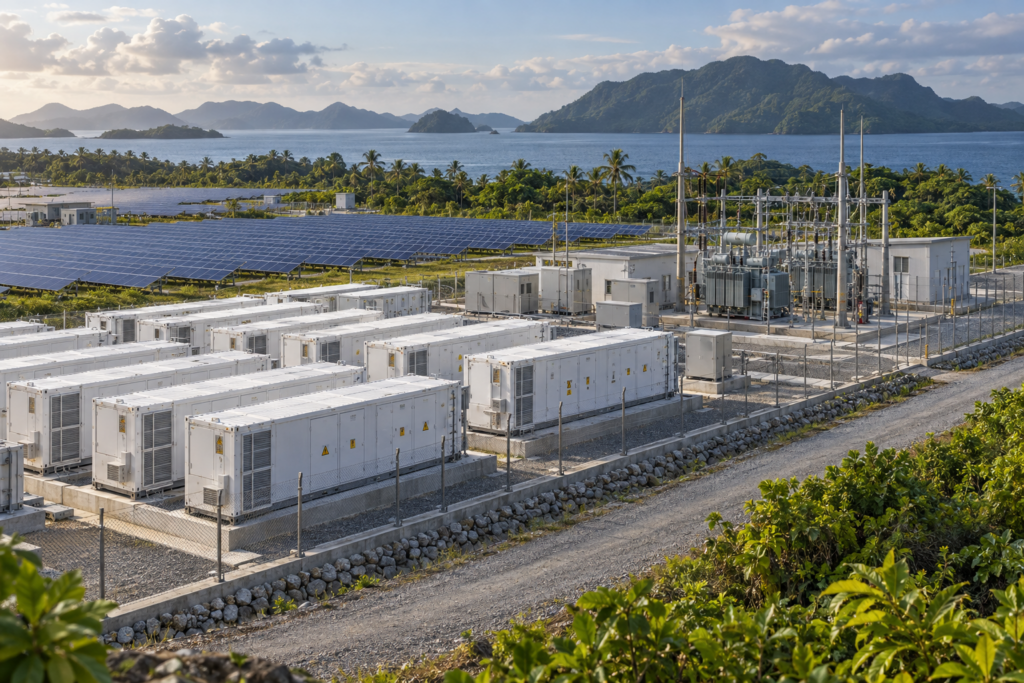A utility-scale battery storage facility beside an Indonesian electrical substation