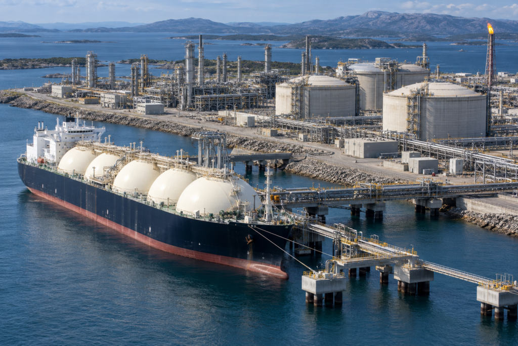 An LNG carrier berthed beside storage tanks and liquefaction equipment at a gas terminal