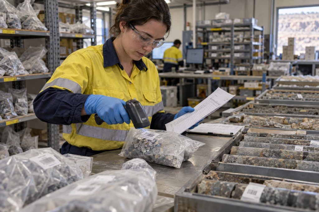 Specialist scanning a labelled mineral sample in a laboratory beside core trays