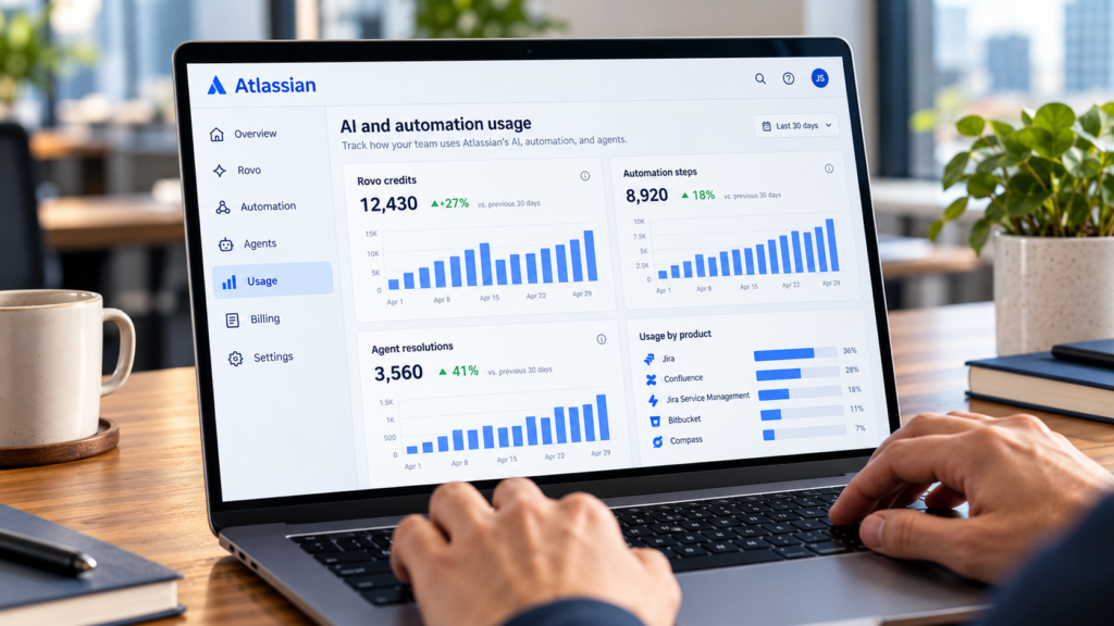 Laptop displaying Atlassian AI, automation and agent usage metrics in an enterprise software dashboard.