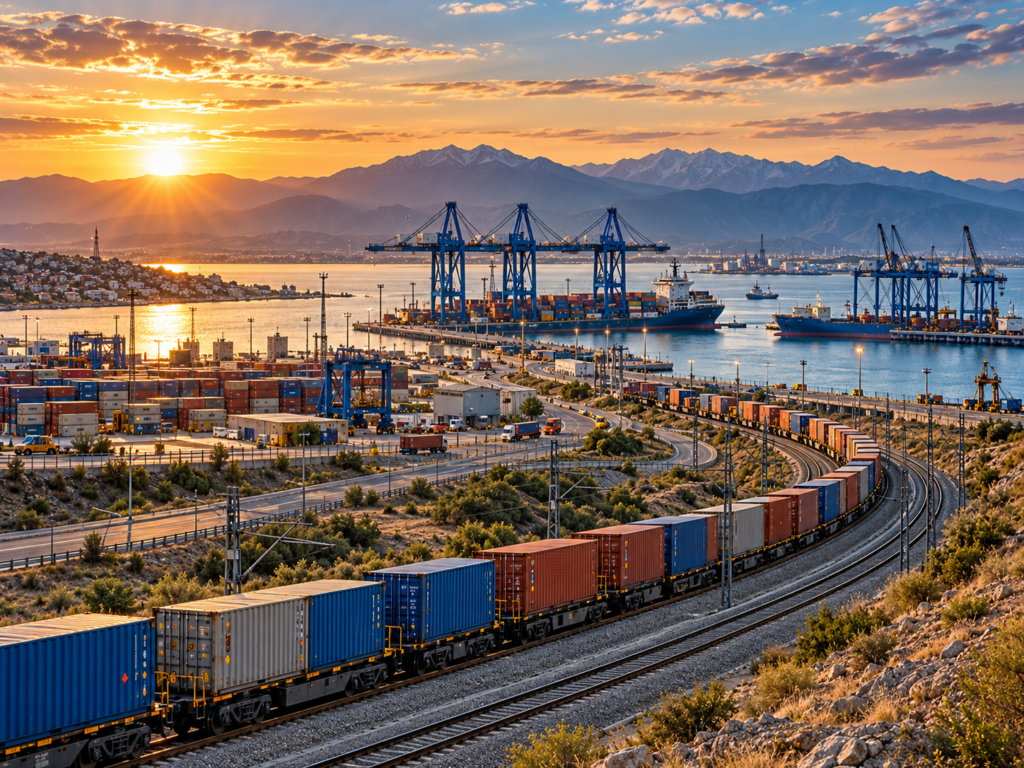 Container train entering a modern Caspian port on the Middle Corridor, with terminals, cranes, cargo vessels and mountain terrain.
